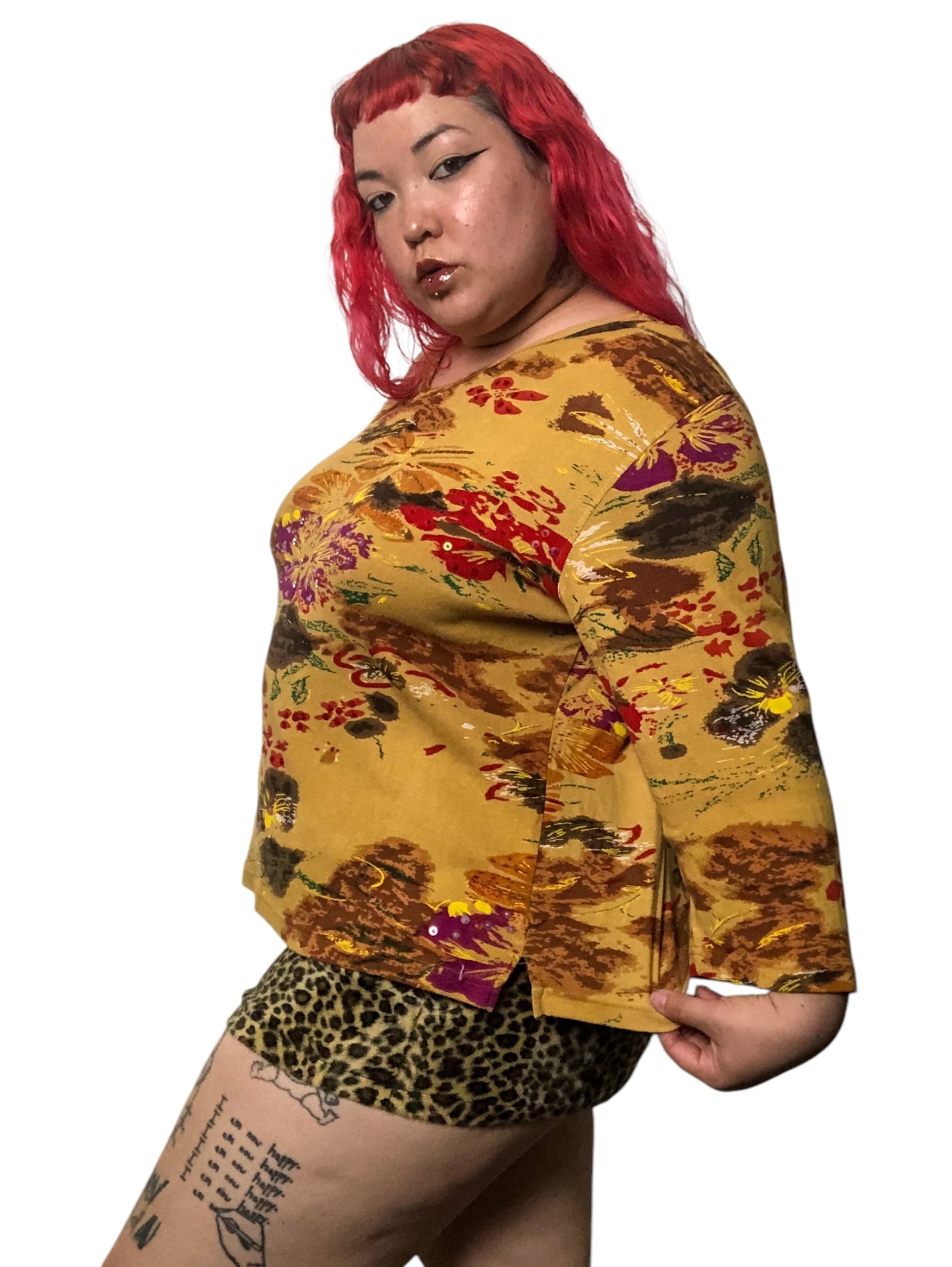 90’s/Y2K Jane Ashley Mustard Floral Print Long Sleeve Shirt (3X)