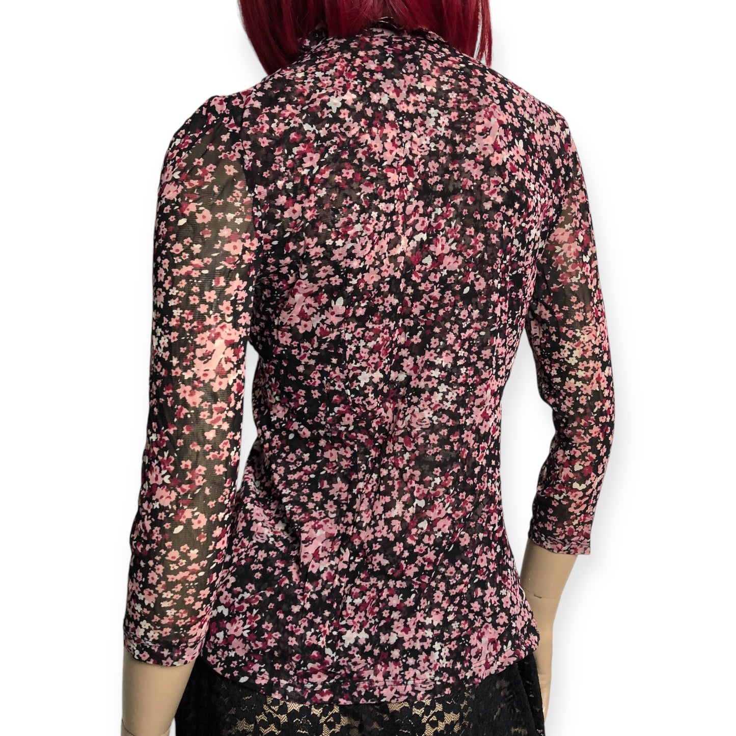90’s INC International Concepts Black and Pink Floral Print Mesh Blouse (M)