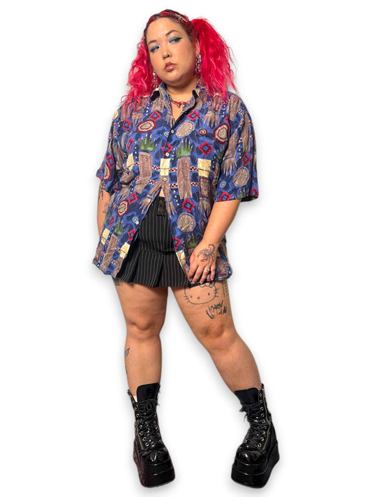 70’s Burma Bibas Blue Graphic Print Shirt (XL/2X)