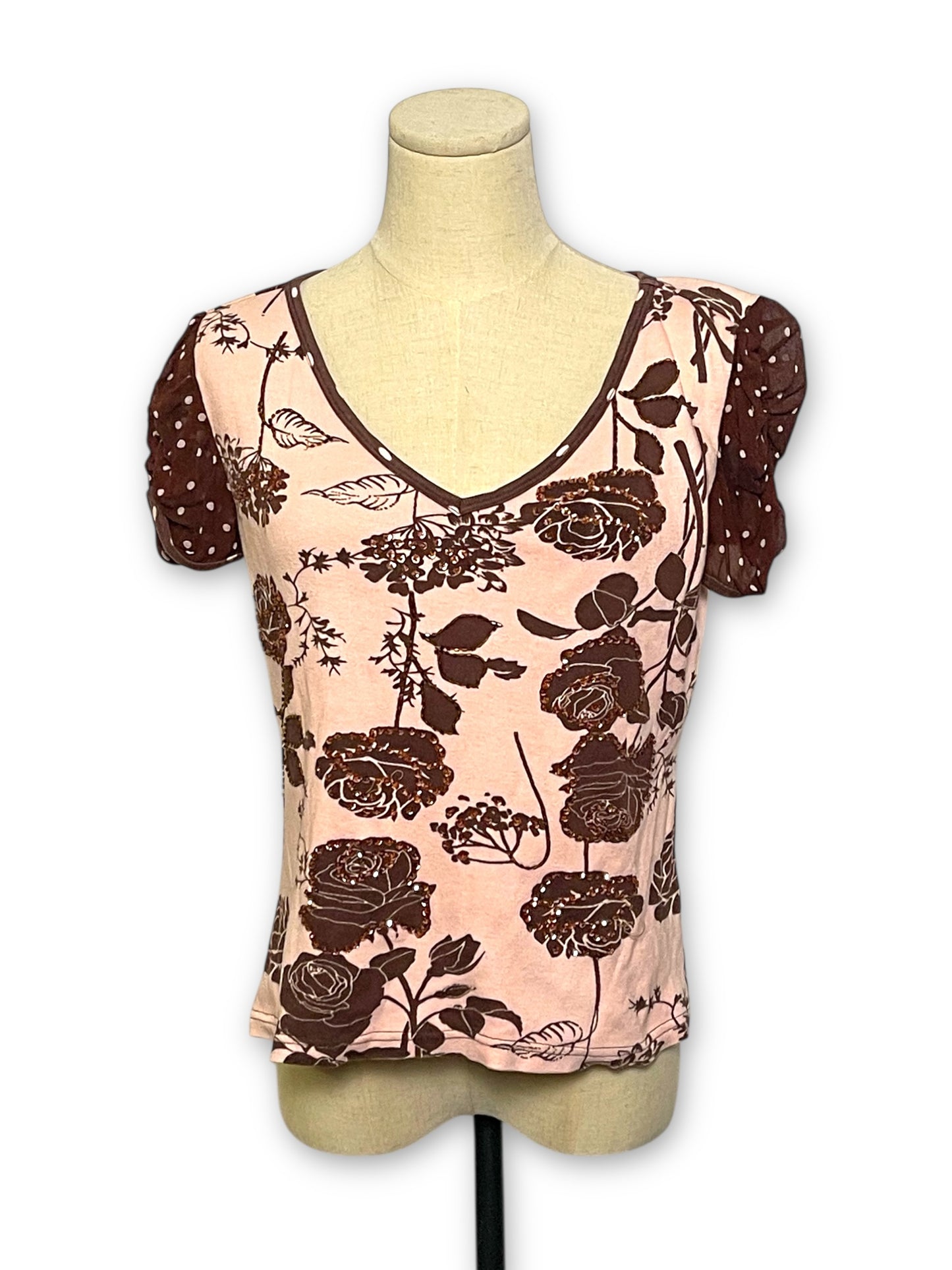 Y2K Pink and Brown Floral Print Top (S/M)