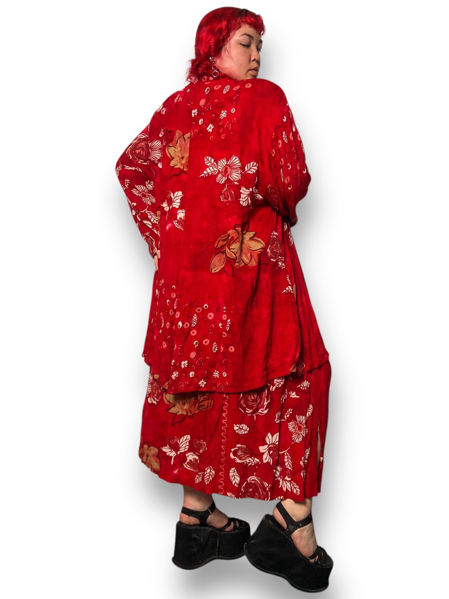 90’s August Max Woman Red Floral Print 2-Piece Set (2X)