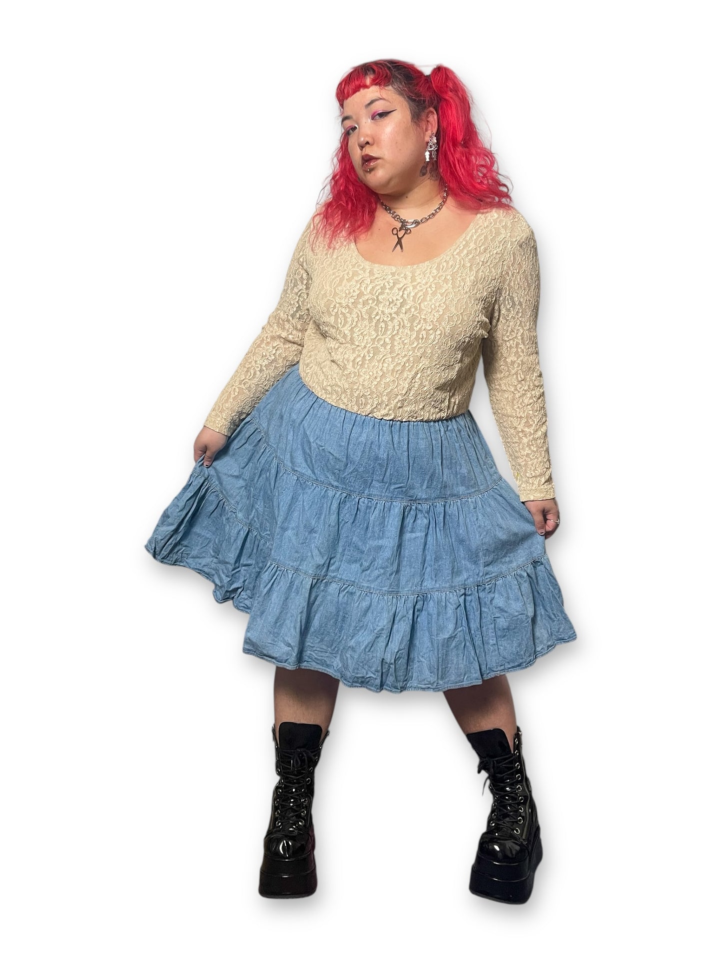 80’s/90’s Prairie Lace Denim Tiered Dress (3X)