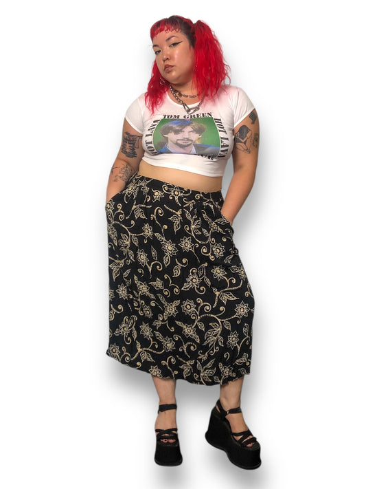 Y2K Sag Harbor Black Floral Print Midi Skirt (2X)