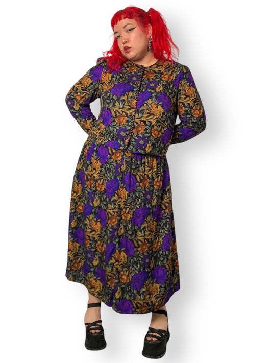 80’s Jessica Howard by Mitchell Rodbell Black Floral Print 2-Piece Set (2X)