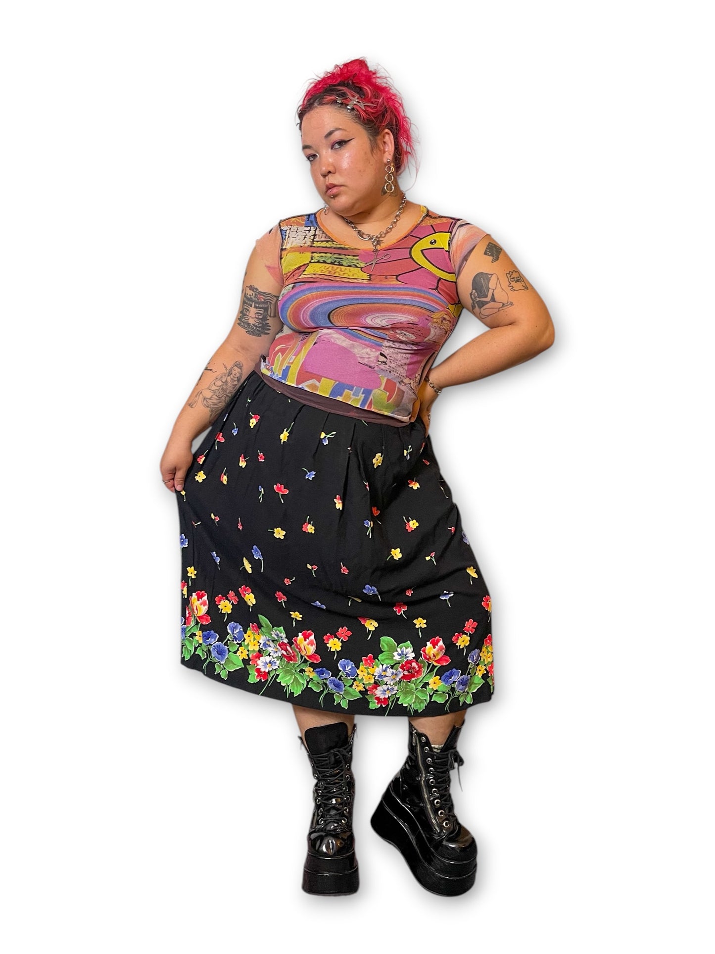 90’s/Y2K Black Floral Print Skirt (XL/1X)