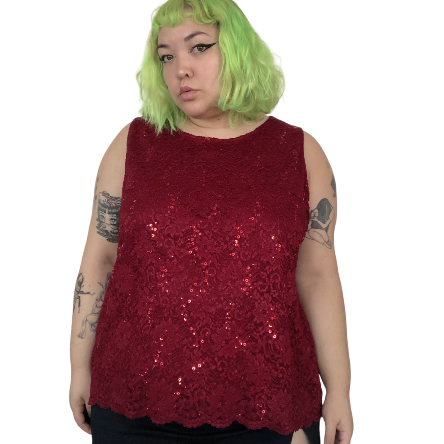 Y2K Catherine’s Wine Red Floral Lace Tank Top (3X)