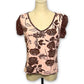 Y2K Pink and Brown Floral Print Top (S/M)