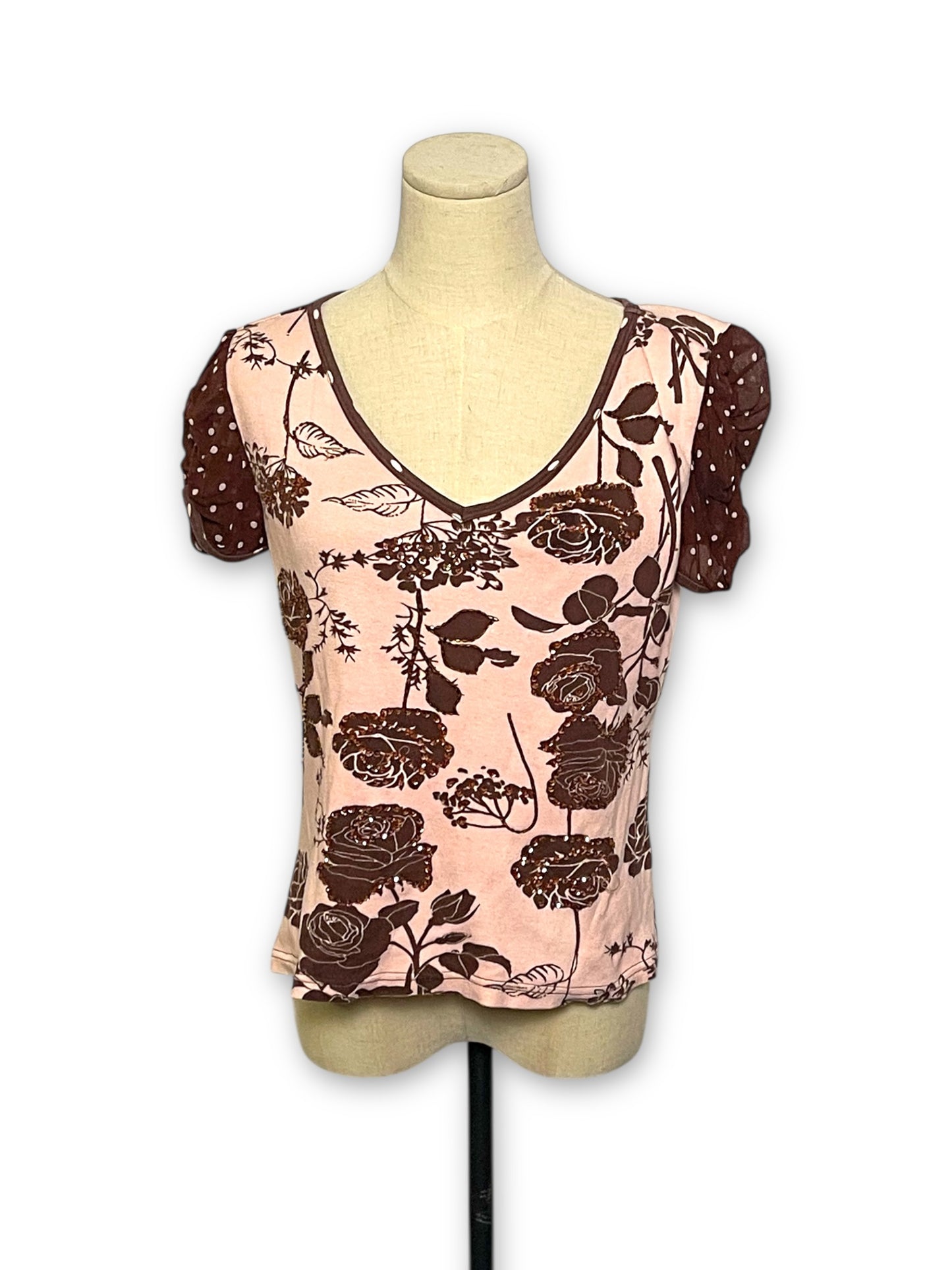 Y2K Pink and Brown Floral Print Top (S/M)