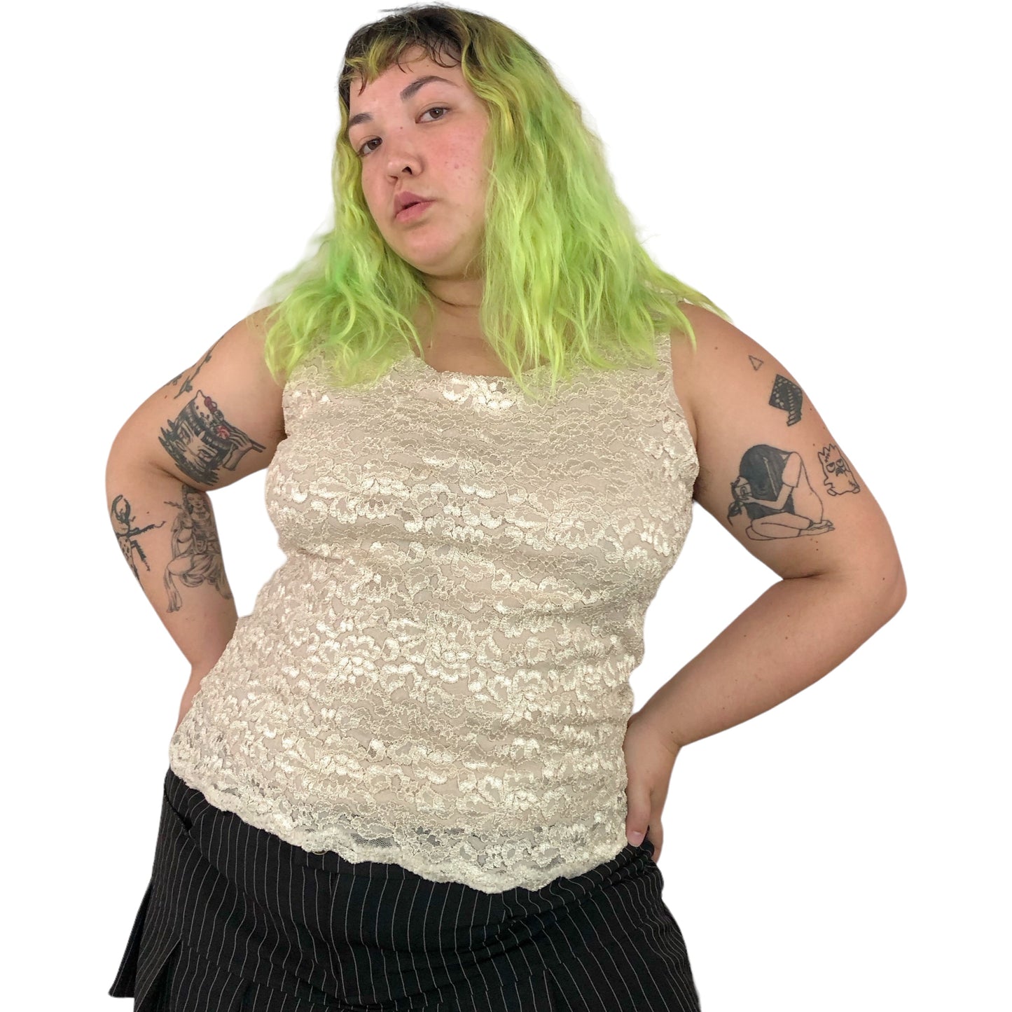 Y2K JM Collection Cream Floral Lace Tank Top (XL)