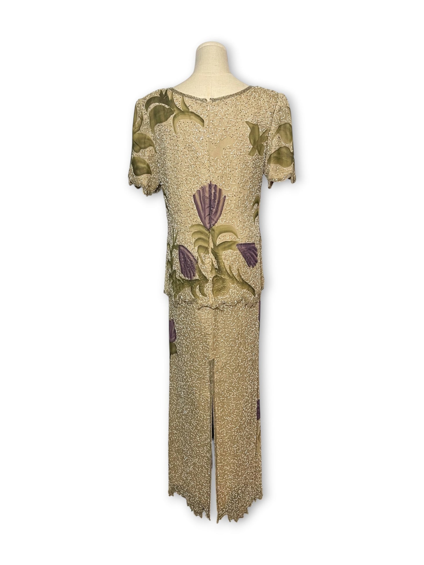 90’s Floral Silk Beaded Layered Dress (M)