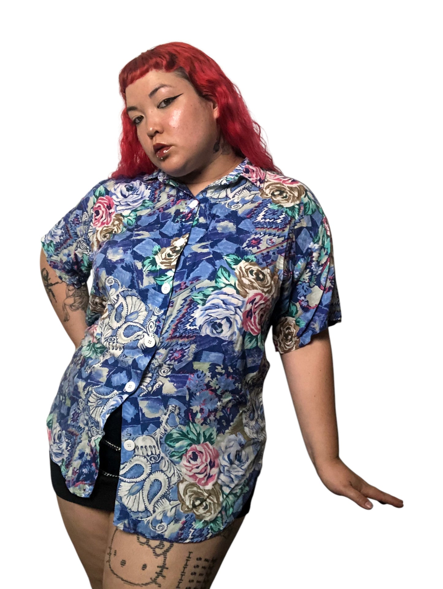 80’s/90’s Victoria Jones Blue Retro Print Button Down Shirt (2X)