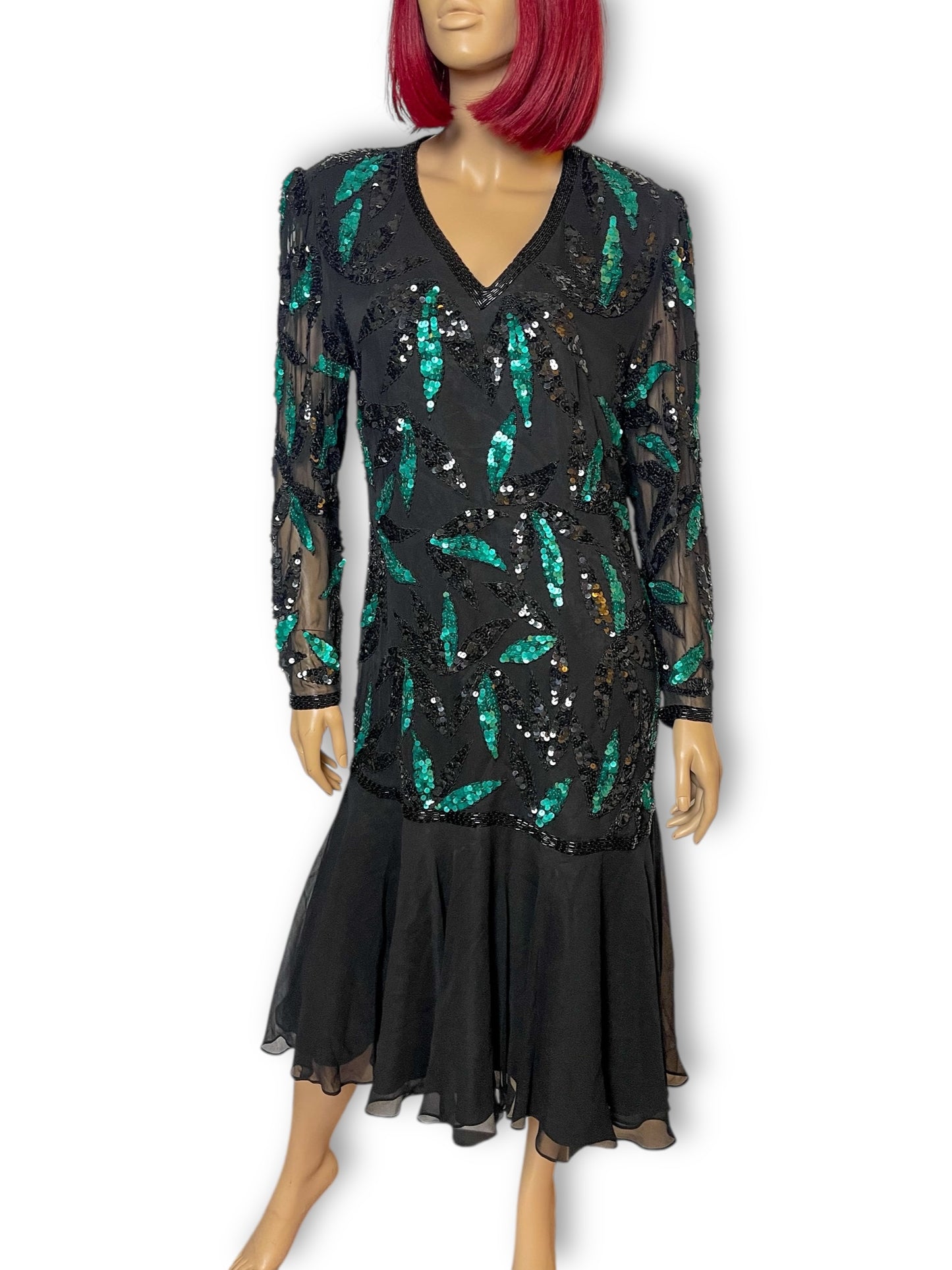 80’s Liz Elana Black and Teal Sequin Cocktail Dress (M)