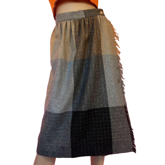 60's/70's Gray and Tan Patchwork Knit Pencil Skirt (S)