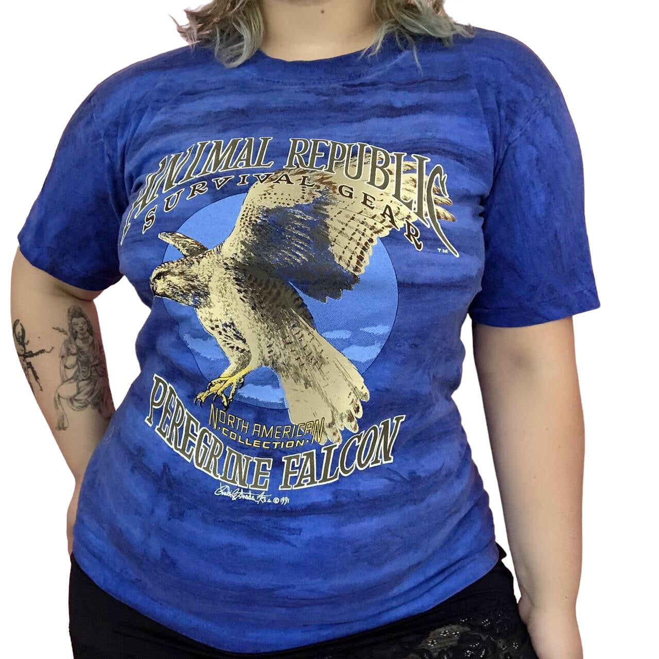 90's Animal Republic Peregrine Falcon Blue Tie Dye T-Shirt (M)