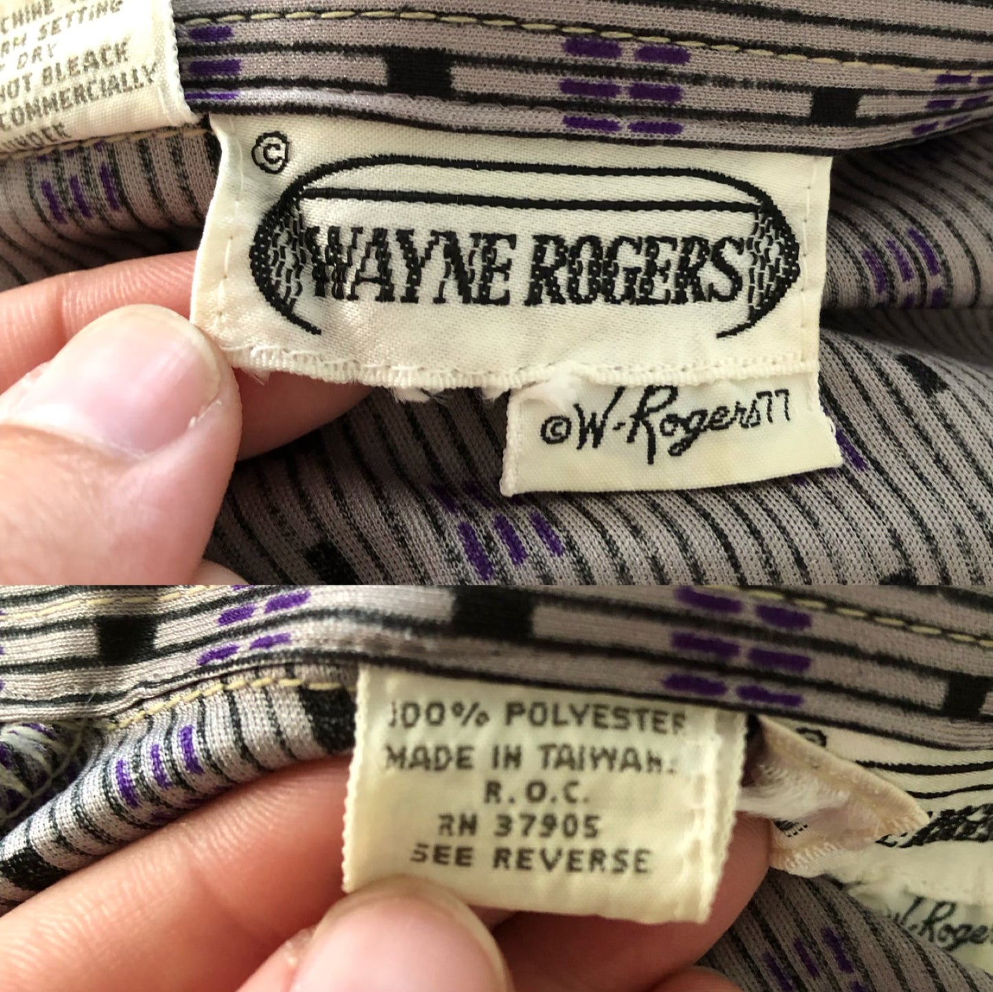 70’s Wayne Roger’s Purple and Black Striped Button Down Shirt (M)