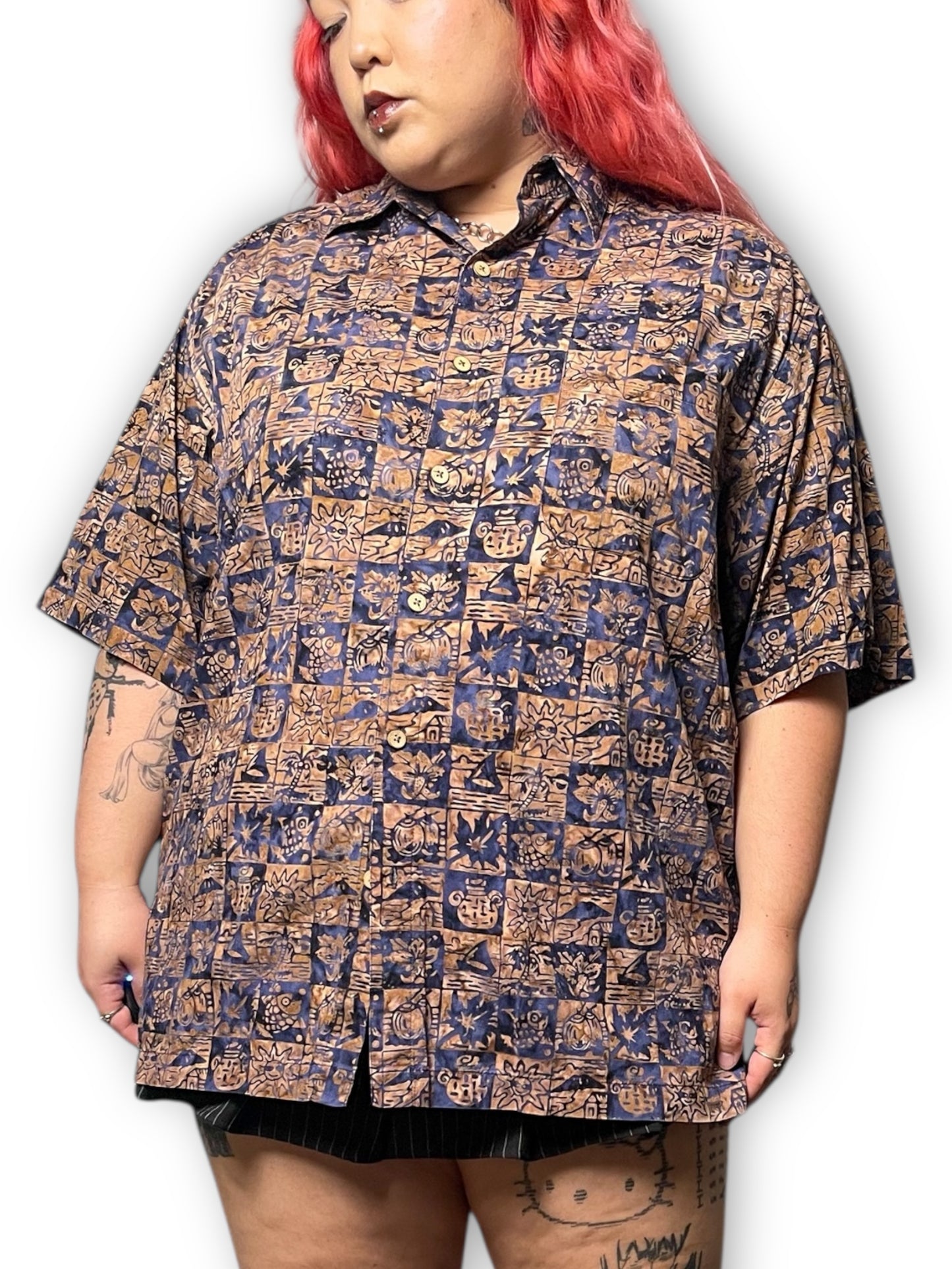 90’s Basic Options Brown and Blue Checkered Print Button Down Shirt (XL/1X/2X)