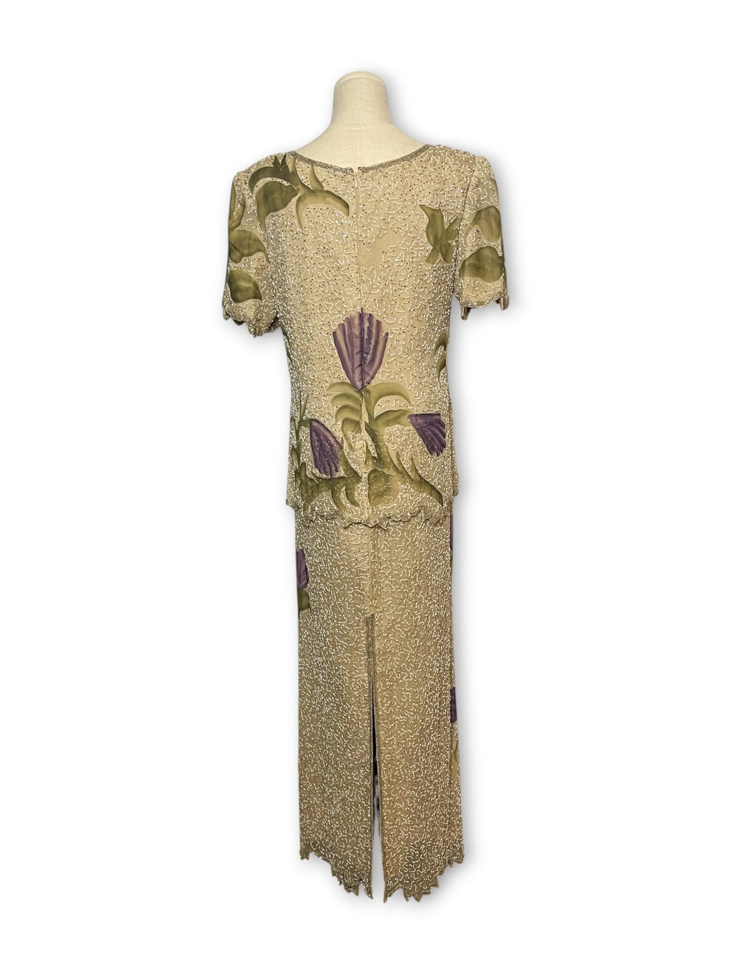 90’s Floral Silk Beaded Layered Dress (M)