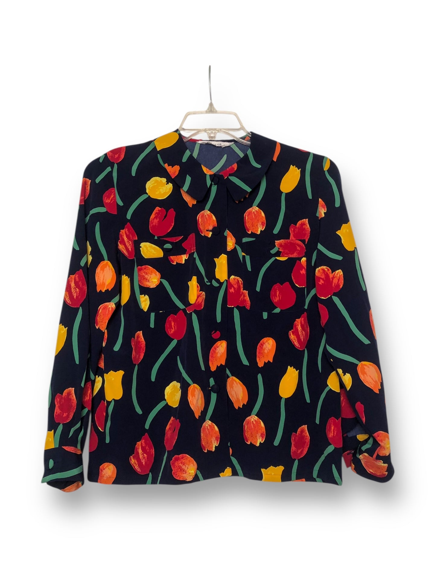 70’s/80’s Rèitre Navy Blue Floral Print Blouse (M)