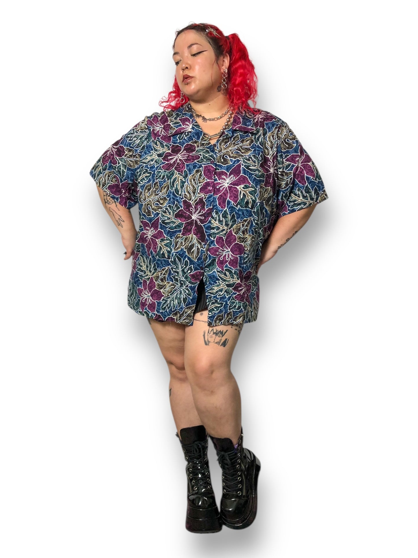 90’s/Y2K Hilo Hattie Blue and Purple Hawaiian Shirt (3X)