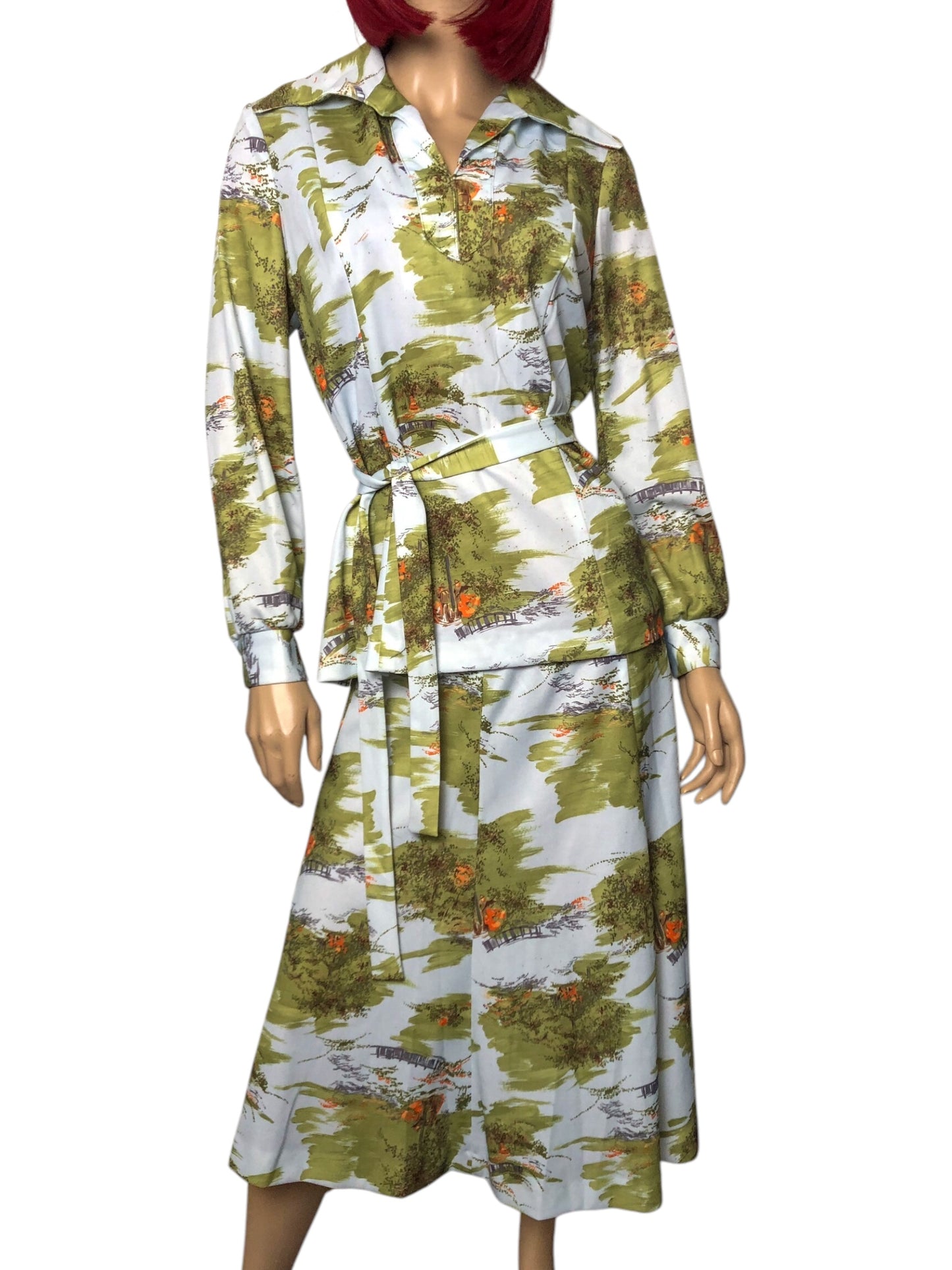 70’s White and Green Retro Print 2-Piece Set (L/XL)