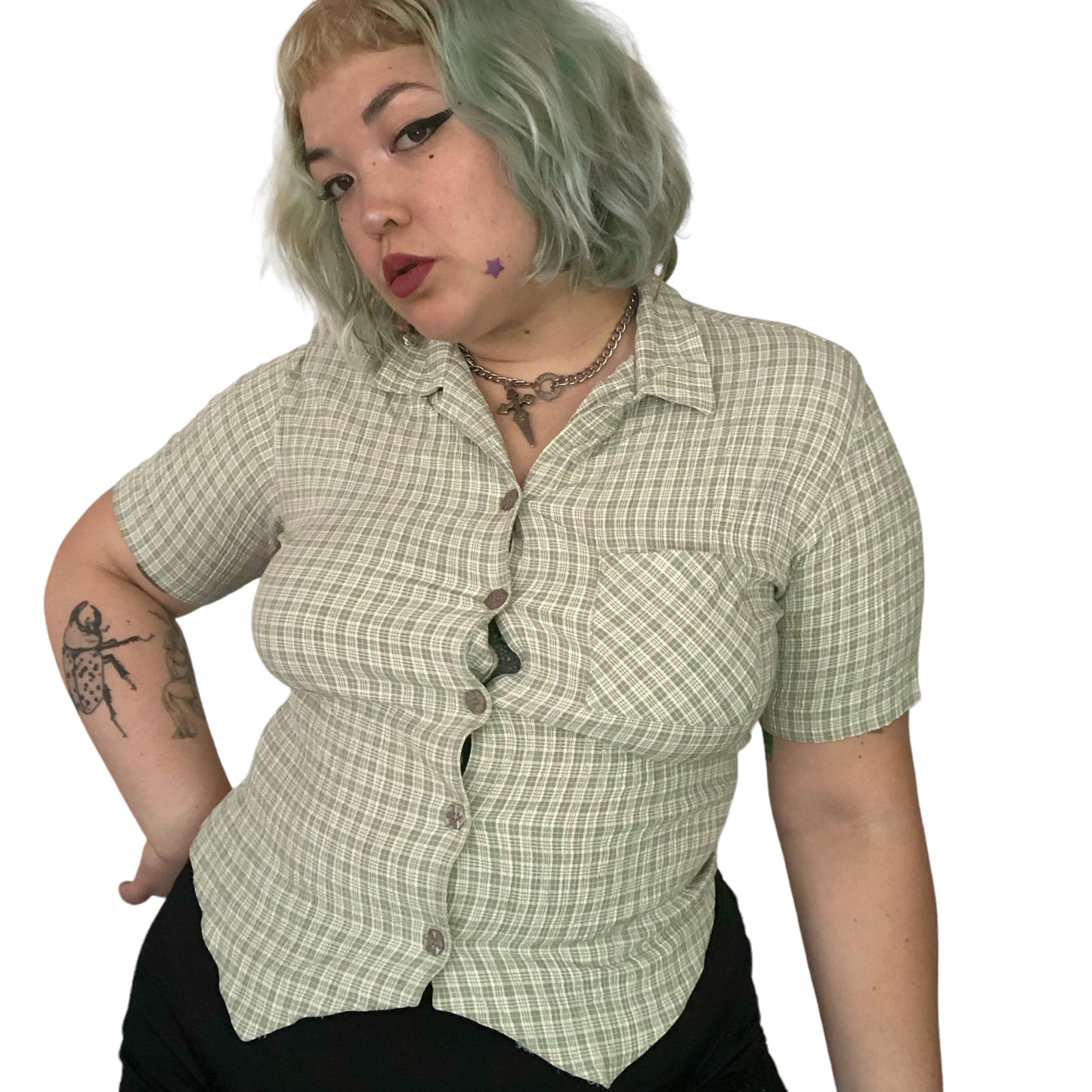 80's/90's Teddi Light Green Plaid Blouse (L)