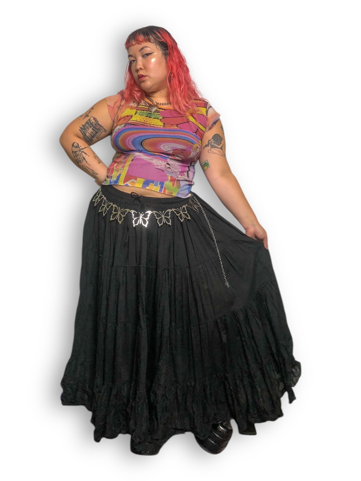 90’s/Y2K Wevez Black Ruffle Tiered Maxi Skirt (OSFM)