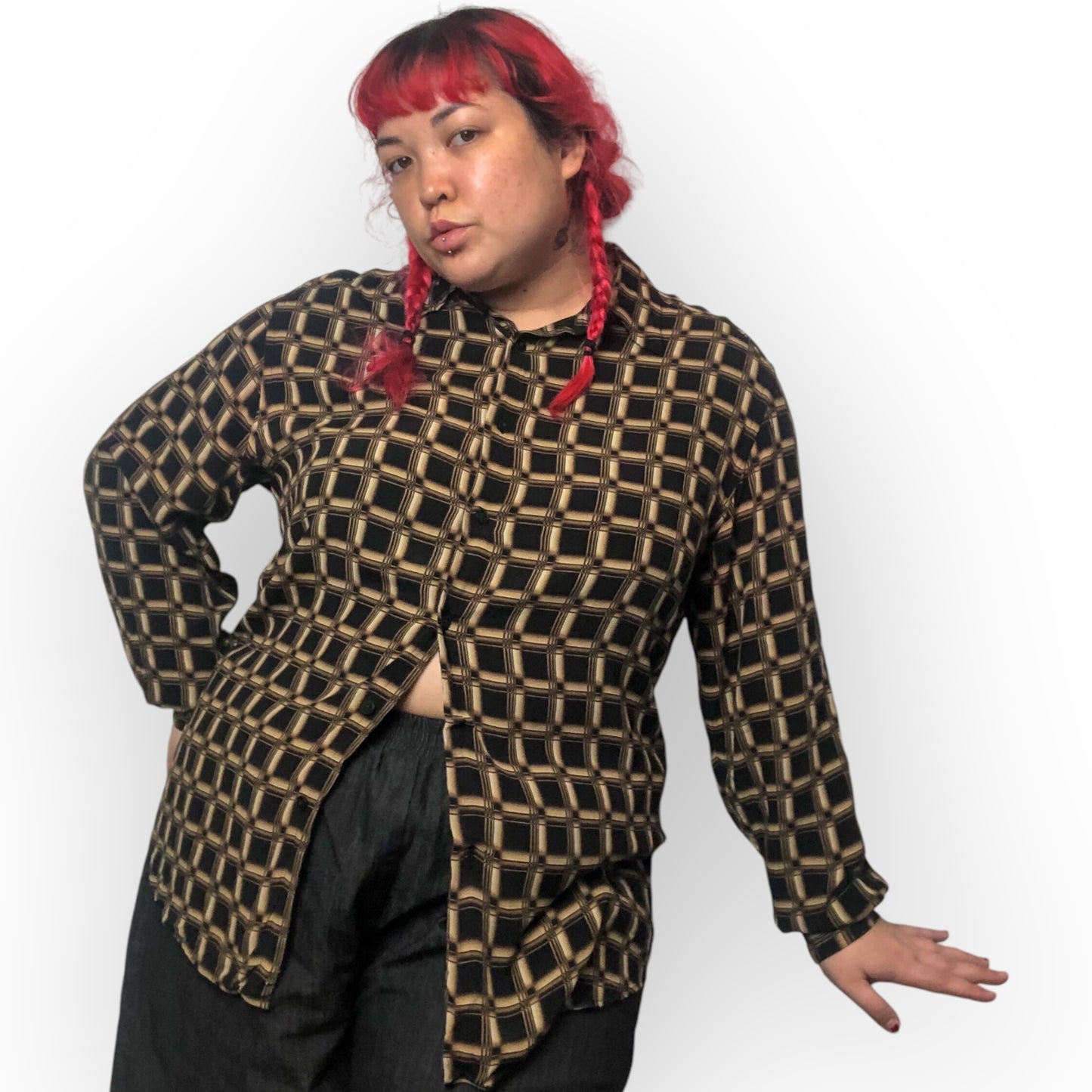 90’s/Y2K Claiborne Black and Brown Retro Grid Print Button Down Shirt (XL/2X)