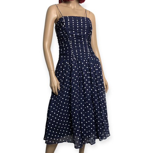 80’s Act I Navy Blue Polka Dot Chiffon Dress (XXS)