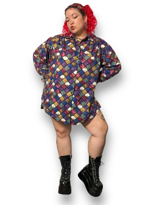 Y2K Roaman’s Colorful Checkerboard Button Down Shirt (XL/2X)