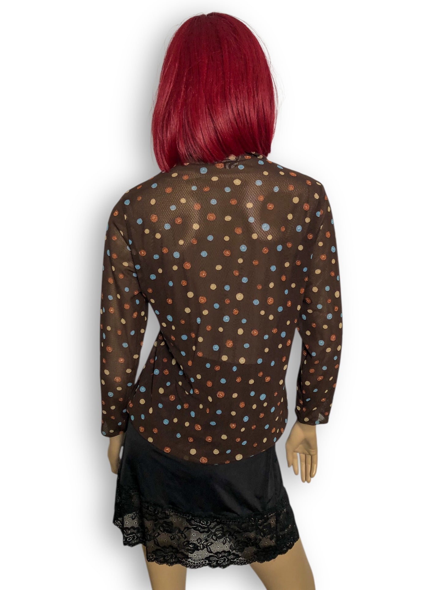 90’s/Y2K Brown Polka Dot Mesh Long Sleeve Top (M)