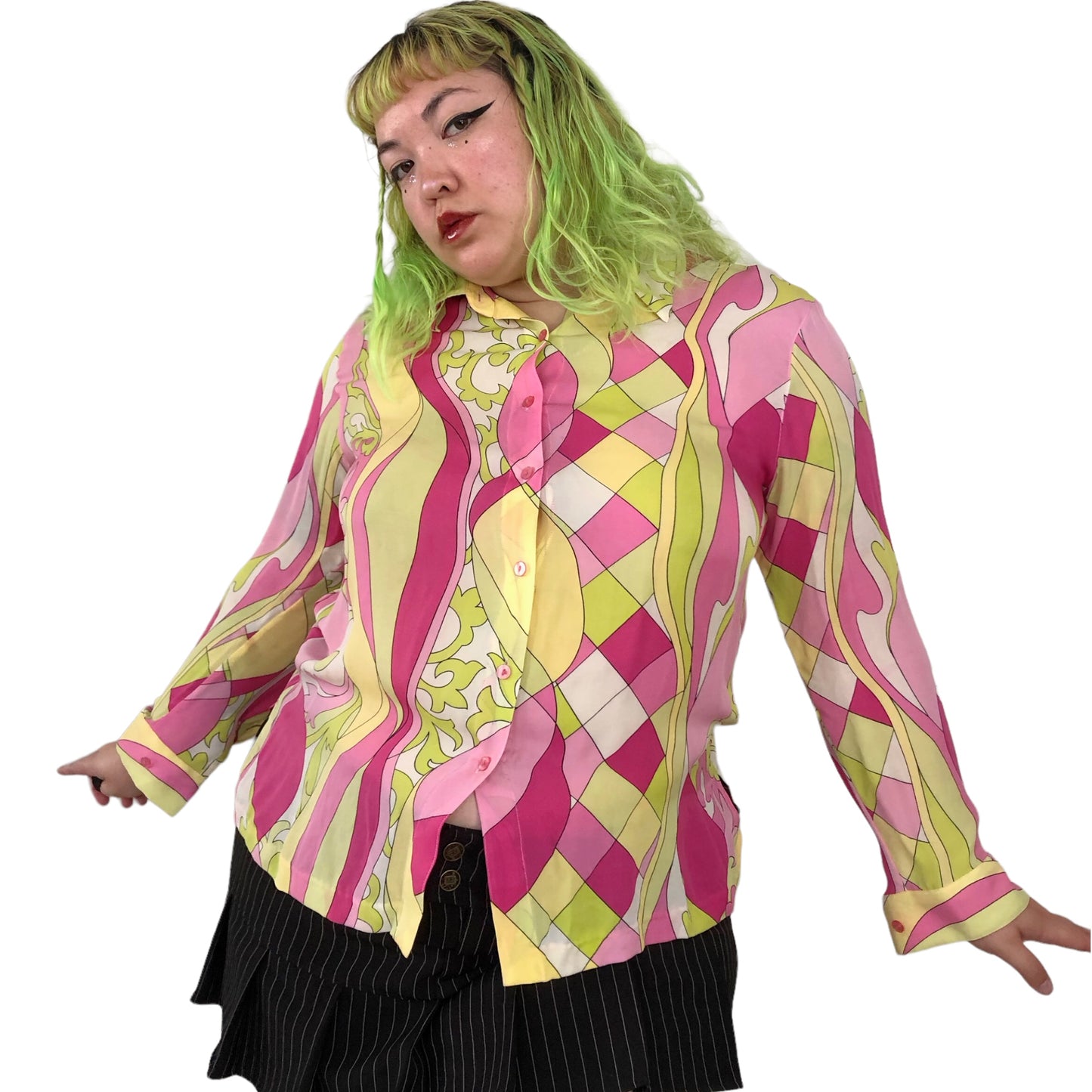 90’s Draper’s & Damon’s Pink and Green Retro Print Blouse (XL)