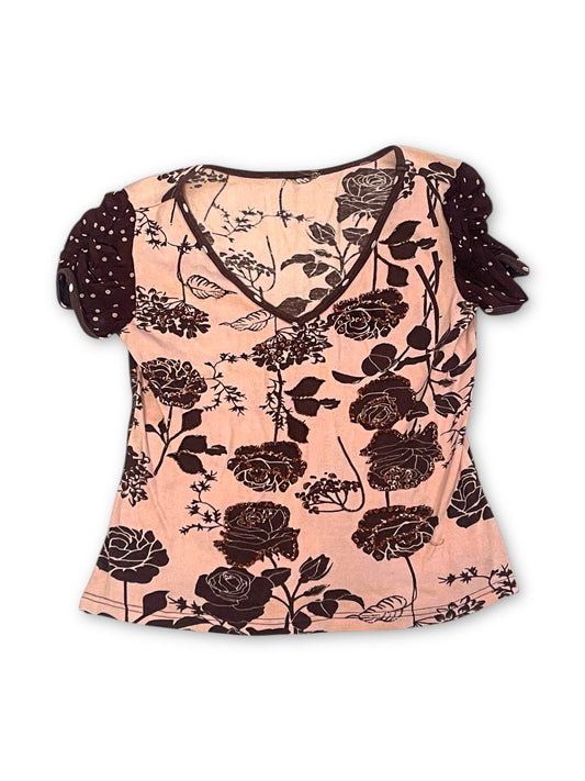 Y2K Pink and Brown Floral Print Top (S/M)