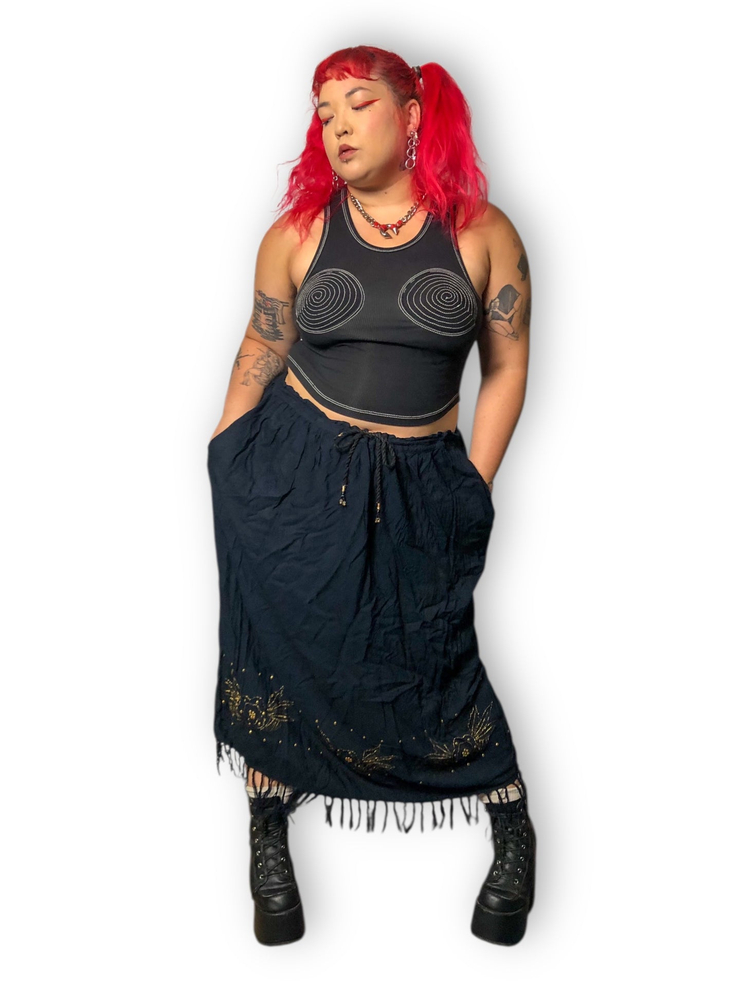 90’s/Y2K Cottonfields Black Midi Skirt (XL/2X/3X)