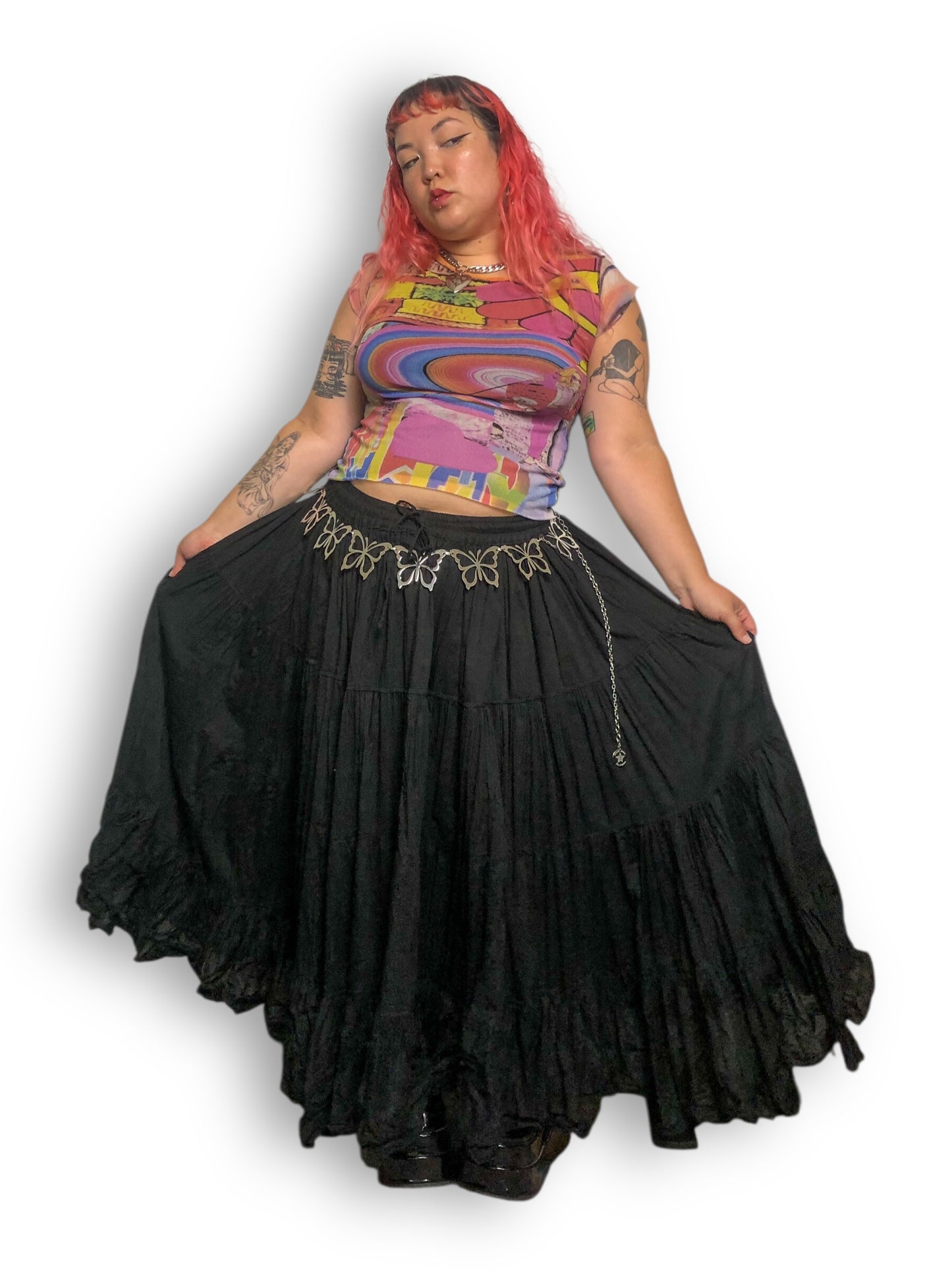 90’s/Y2K Wevez Black Ruffle Tiered Maxi Skirt (OSFM)
