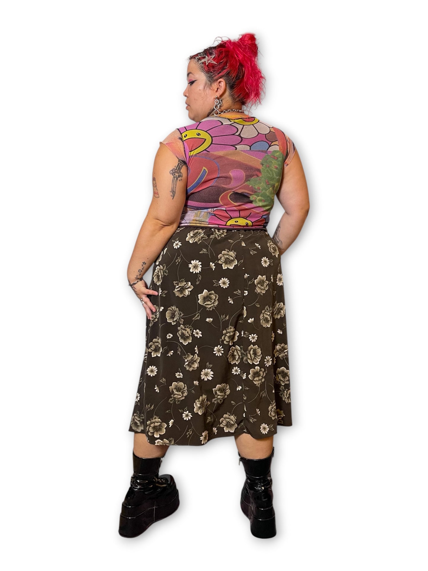 90’s Brown Floral Print Skirt (L/XL/1X)