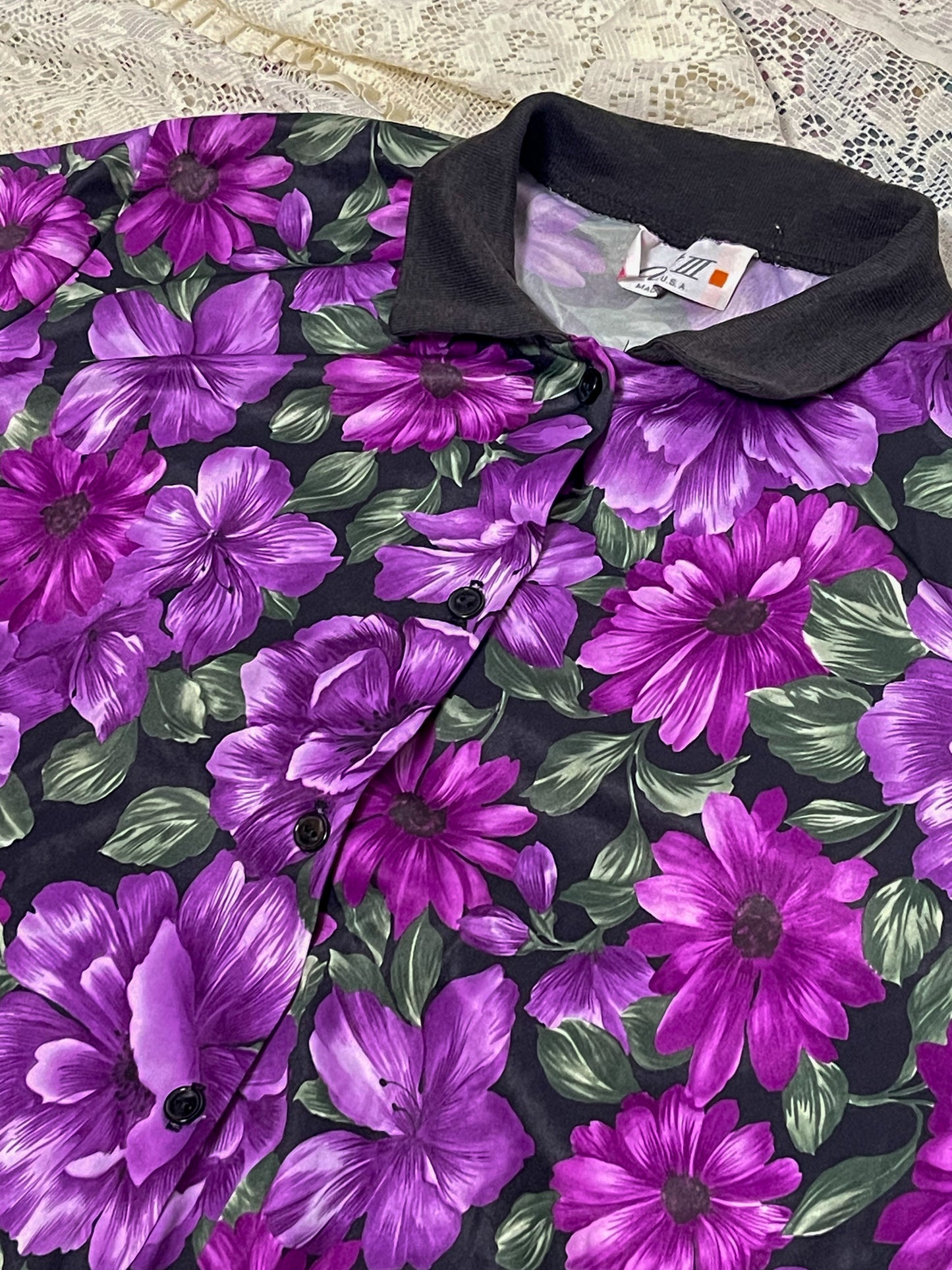 80’s Floral Retro Collared Blouse (L/XL)