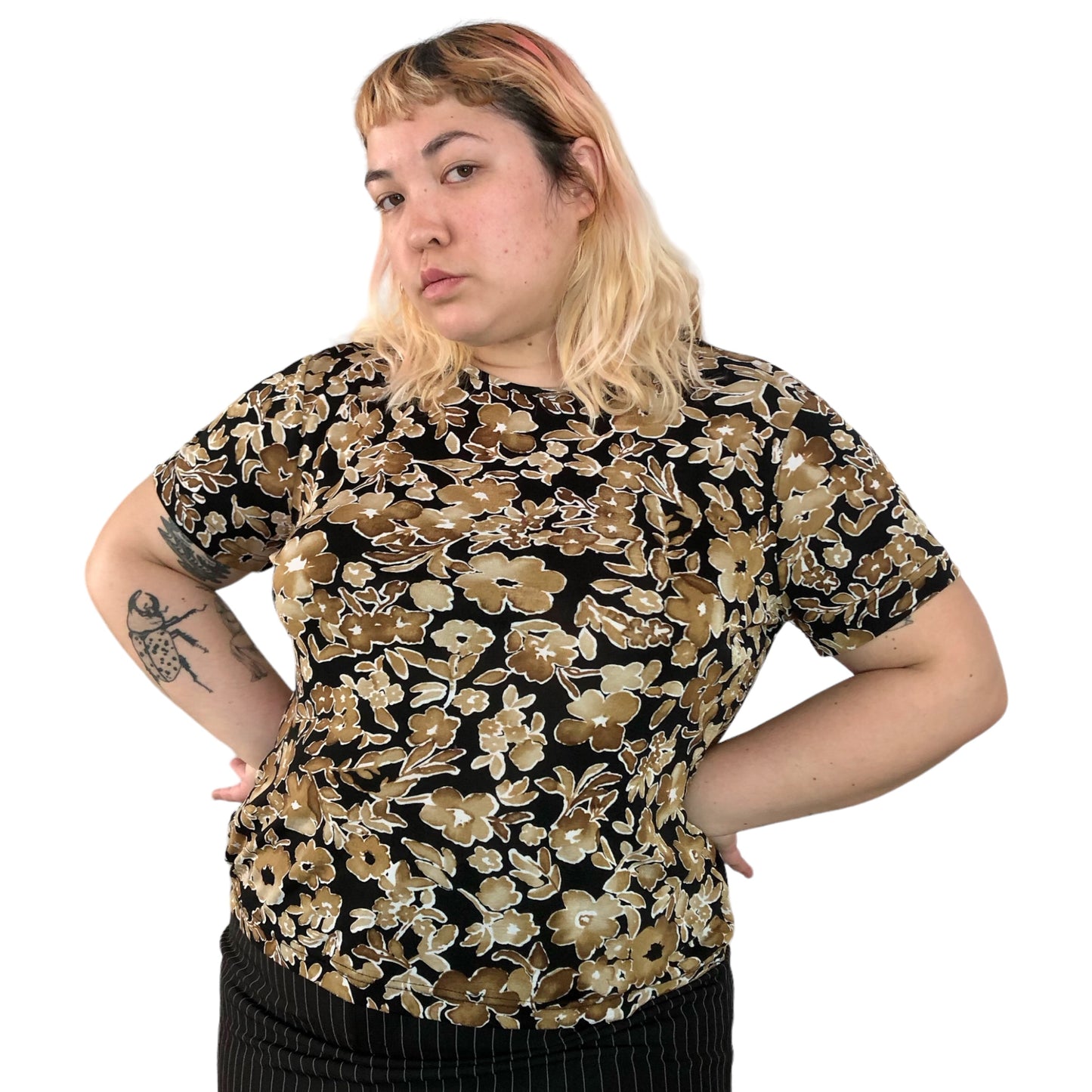 Y2K Jaclyn Smith Brown and Black Floral Print Shirt (2X)