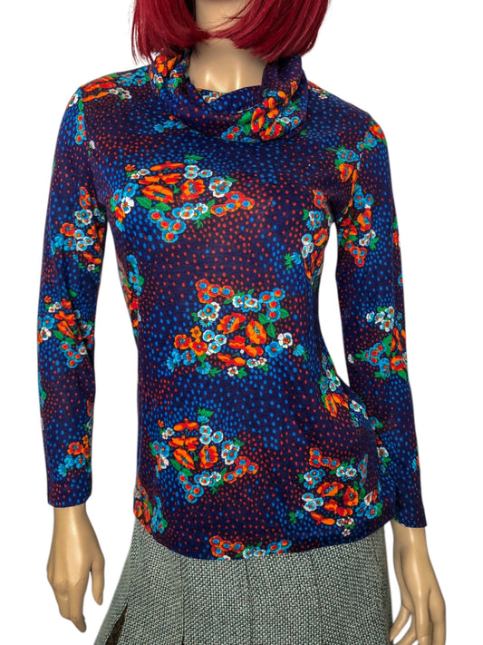60’s The May Company Blue Floral Retro Turtleneck (S)