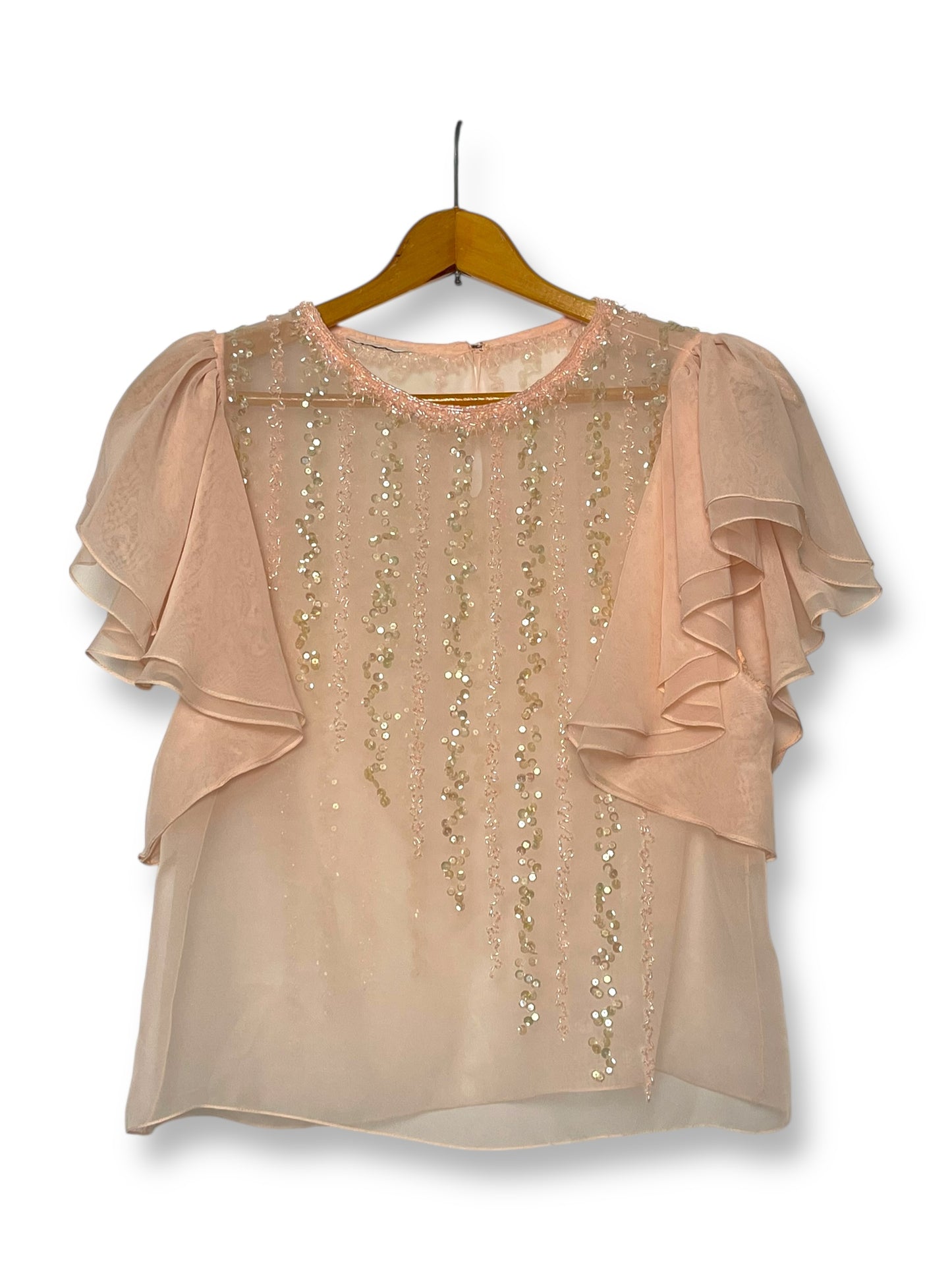 Vintage Baby Pink Beaded Chiffon Blouse (M/L)