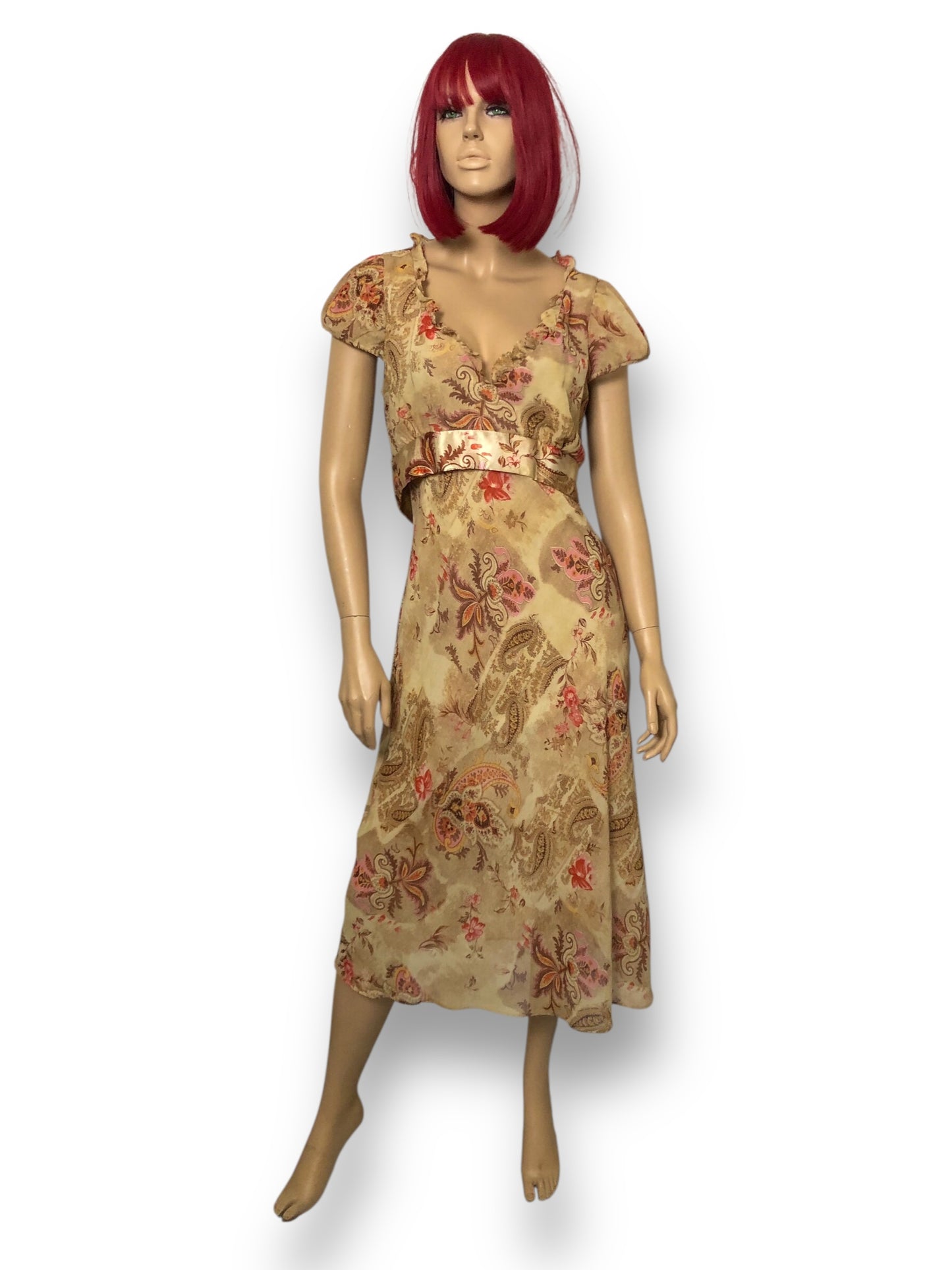 90’s CDC Tan Paisley Floral Midi Dress (XL)