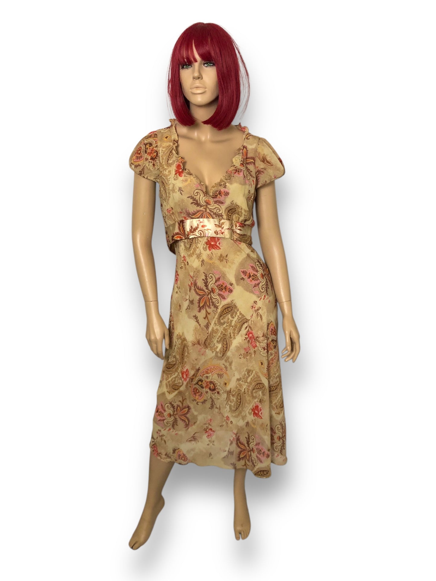 90’s CDC Tan Paisley Floral Midi Dress (XL)