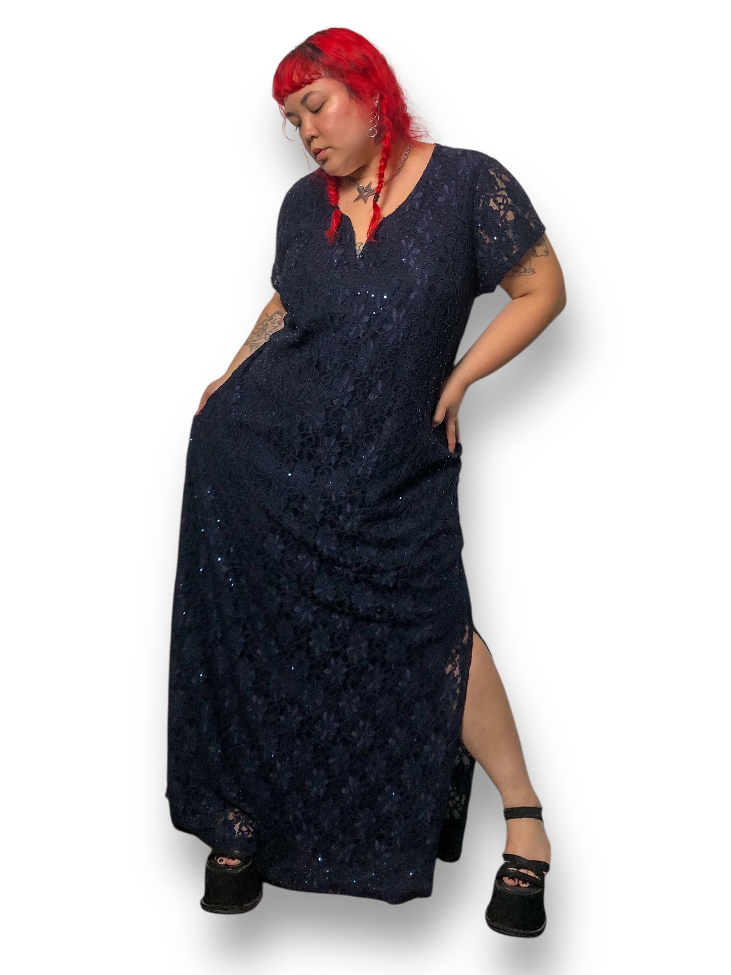 Y2K Connected Navy Blue Floral Lace Evening Dress (3X)