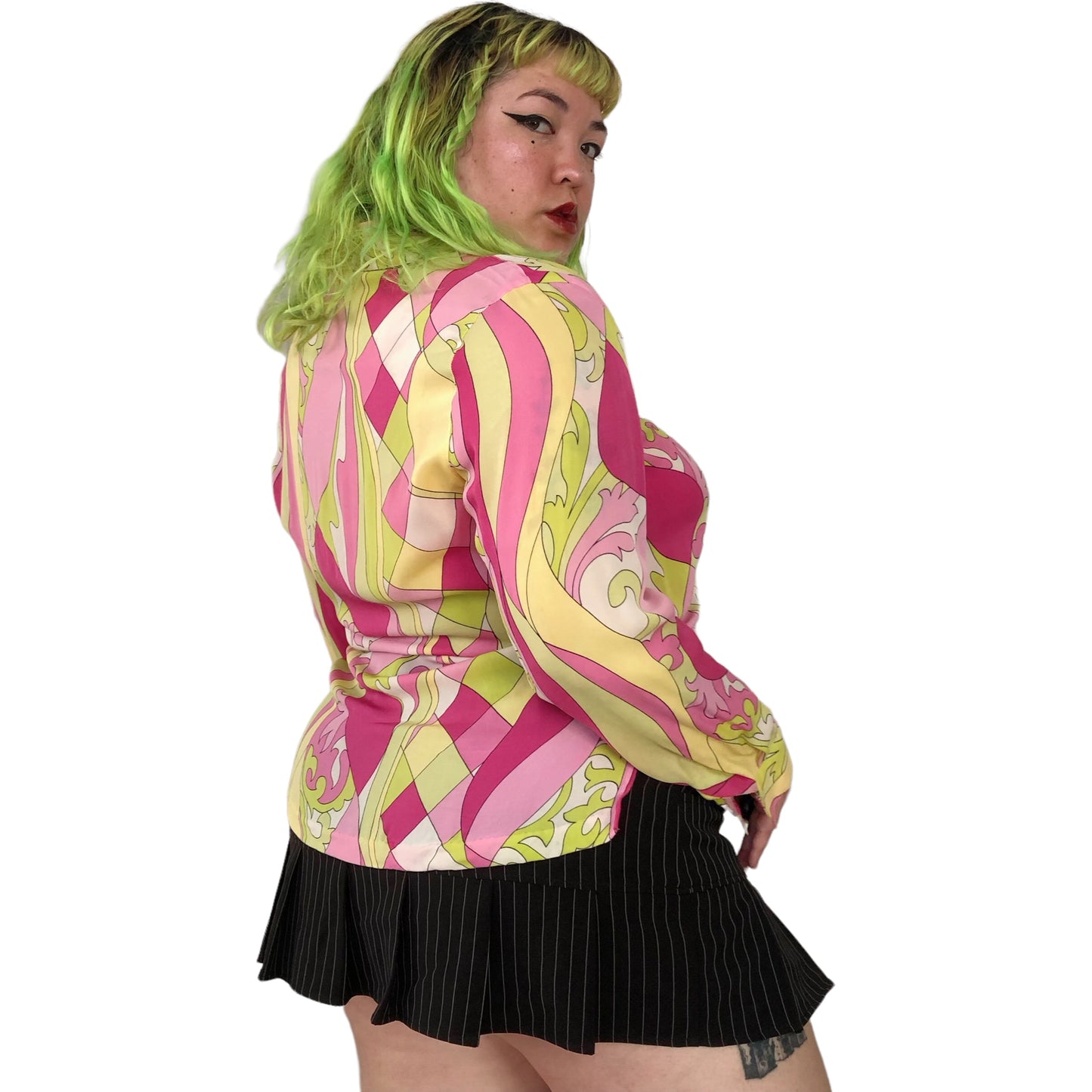 90’s Draper’s & Damon’s Pink and Green Retro Print Blouse (XL)