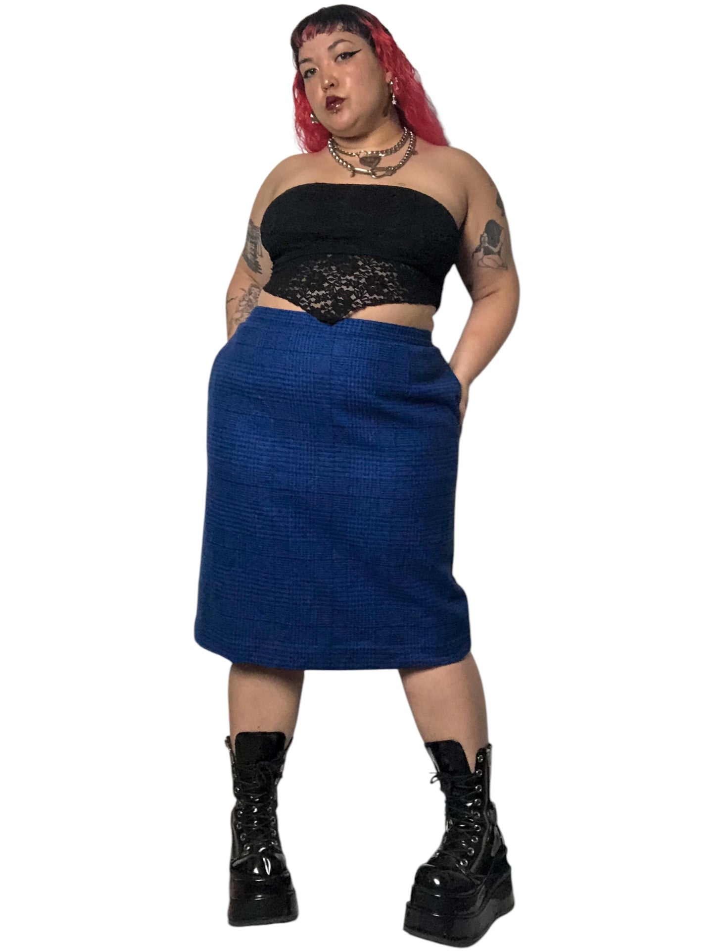 80’s Daniel Niveau Blue and Black Houndstooth Plaid Pencil Skirt (2X)
