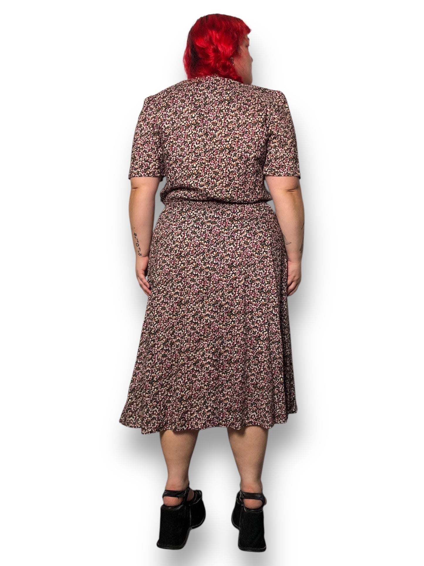 80’s Ms. Basia California Purple Floral Print A-Line Dress (XL)