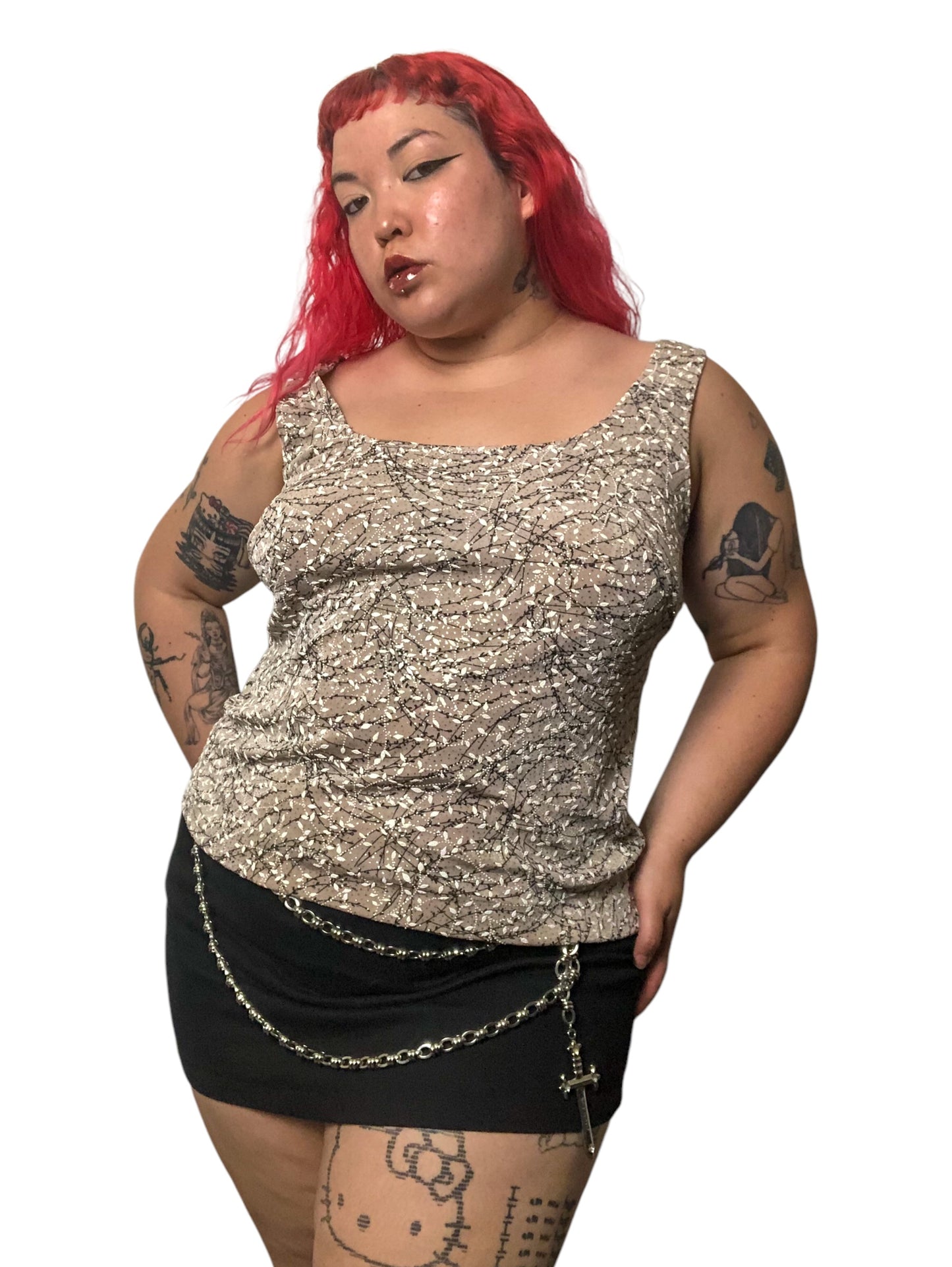 90’s Alex Evenings Glittery Tan Leafy Print Tank Top (XL/2X)