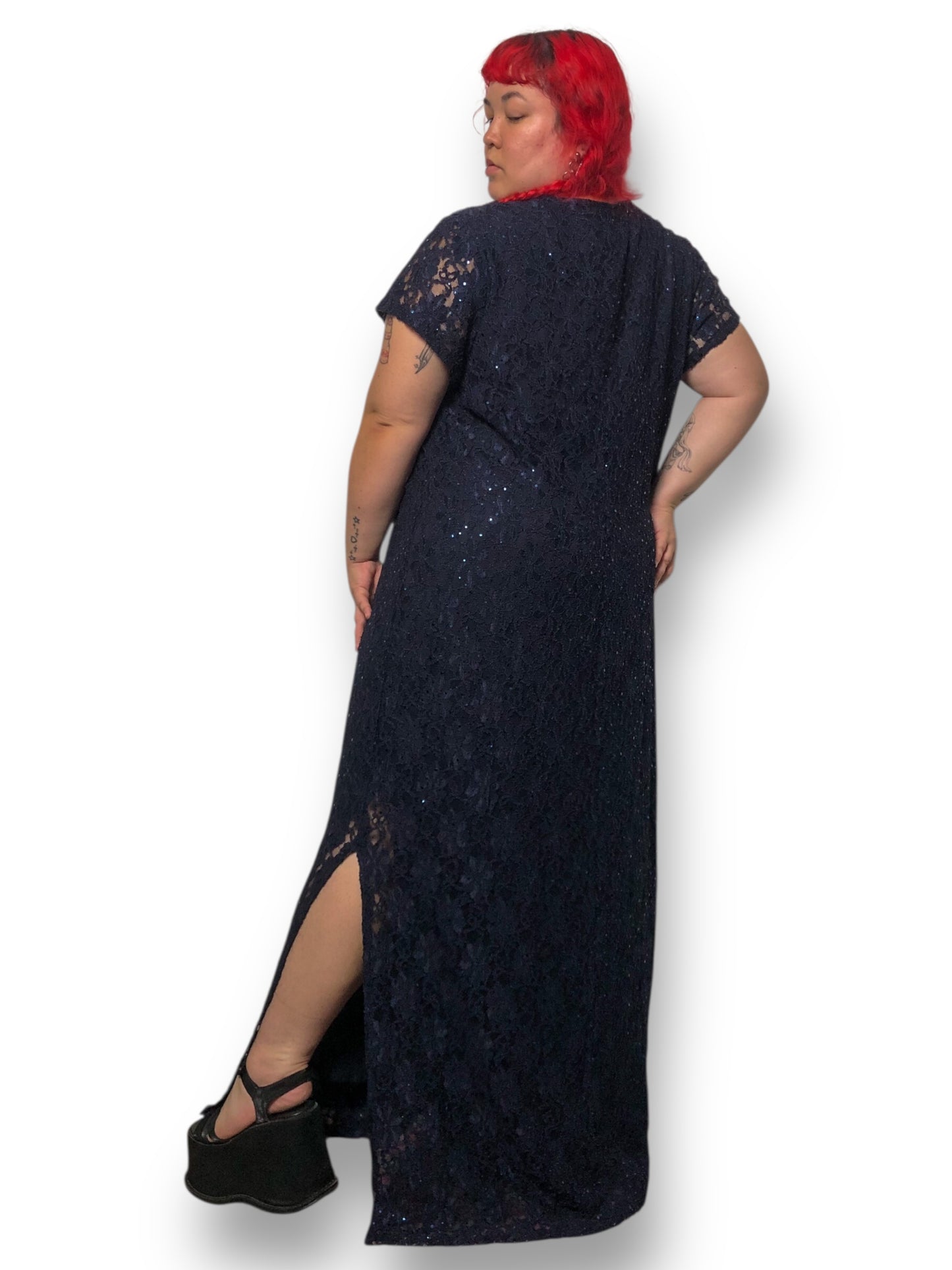 Y2K Connected Navy Blue Floral Lace Evening Dress (3X)