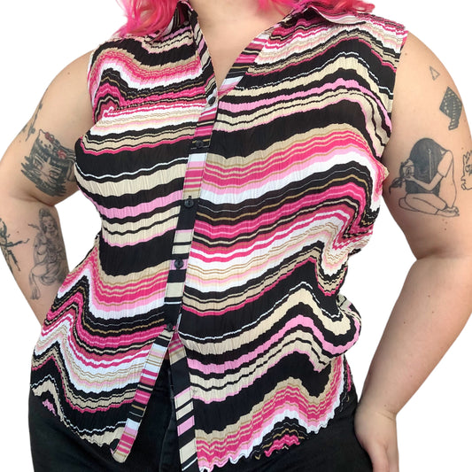 Y2K E.K. Designs Pink and Black Striped Blouse (XL)