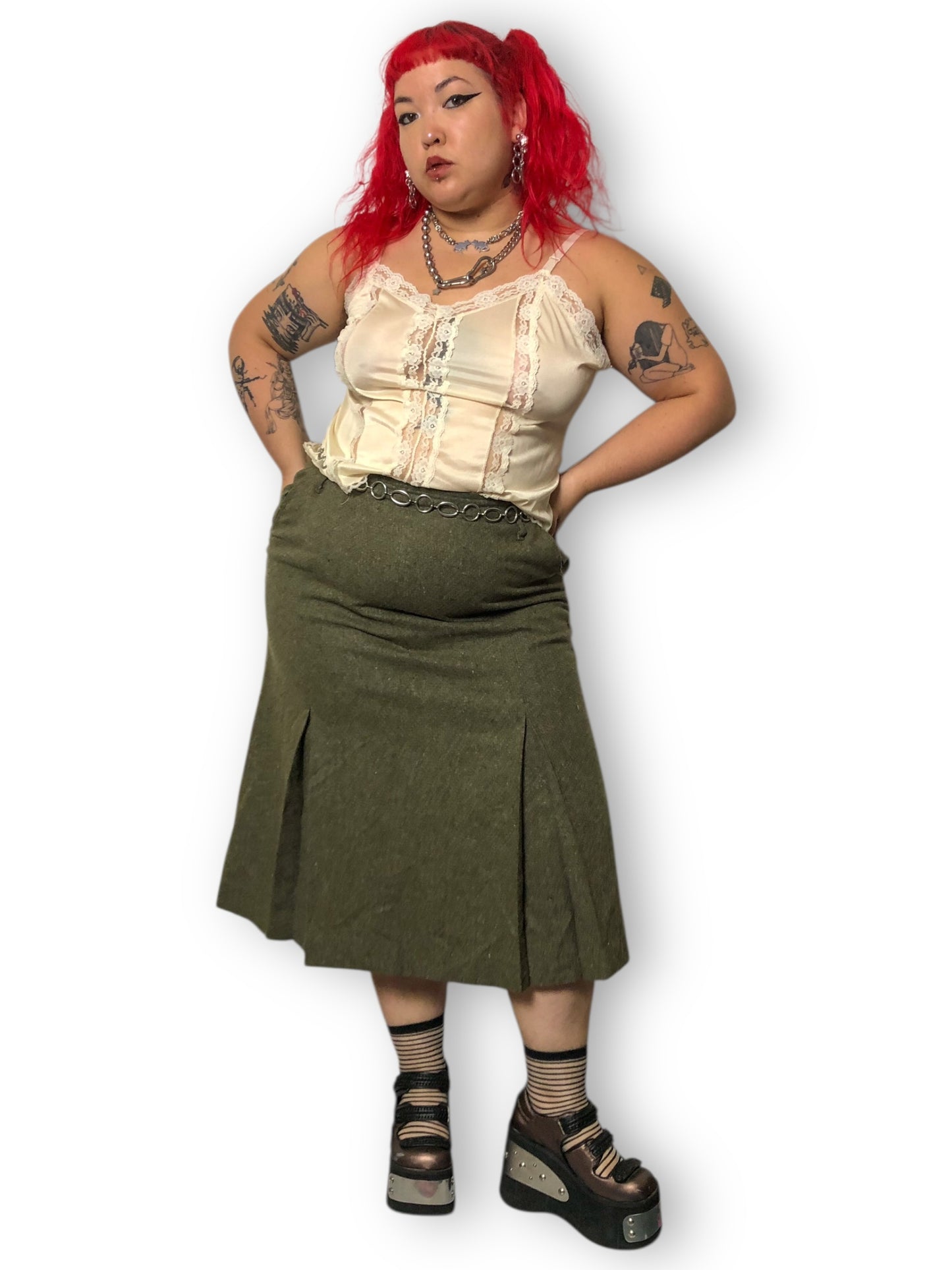 90’s Together! Olive Green Knit Pleated Skirt (2X)