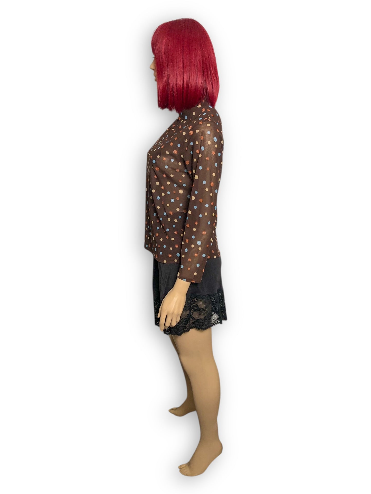 90’s/Y2K Brown Polka Dot Mesh Long Sleeve Top (M)